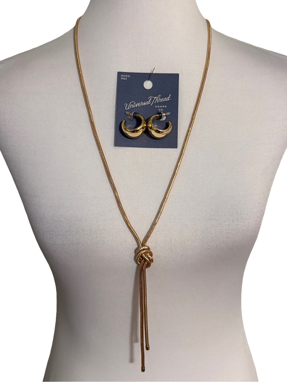 Universal Thread Gold Knot Lariat Necklace Hoop Earrings Set